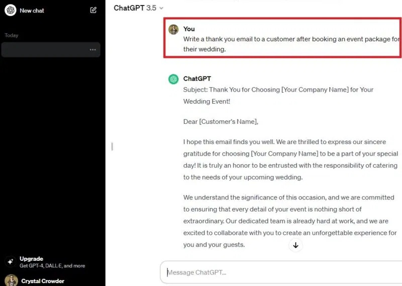 Viết email cho khách hàng muốn tổ chức đám cưới trong ChatGPT