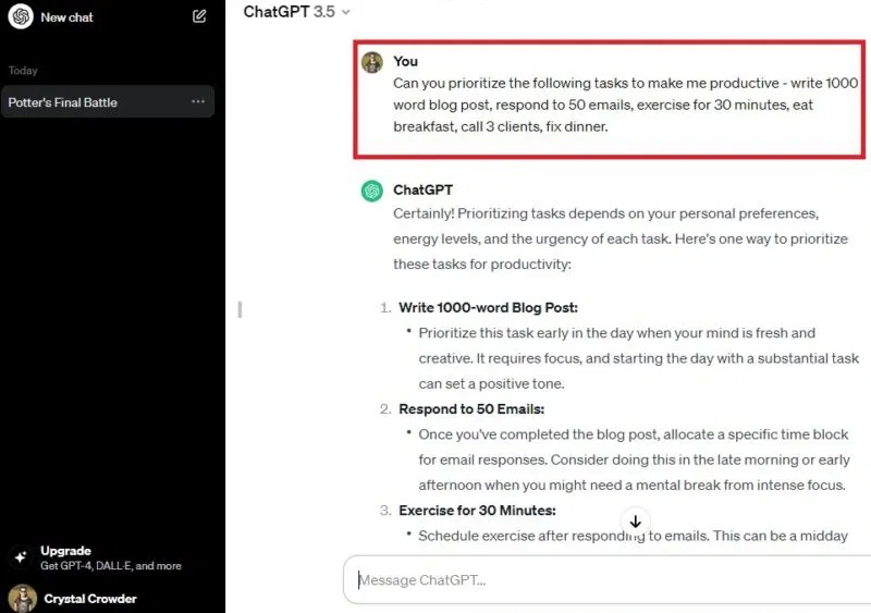 Yêu cầu ChatGPT giúp bạn ưu tiên các nhiệm vụ