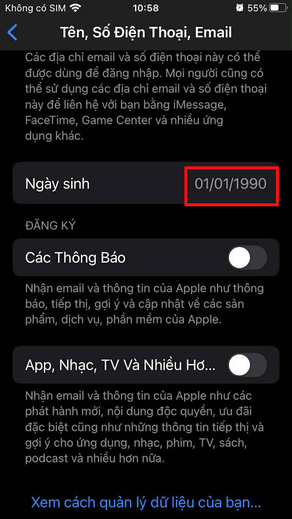 Thông tin ngày tháng năm sinh trên Apple