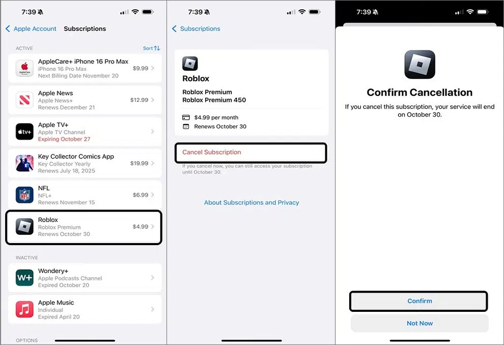 Hủy đăng ký Roblox Premium App Store