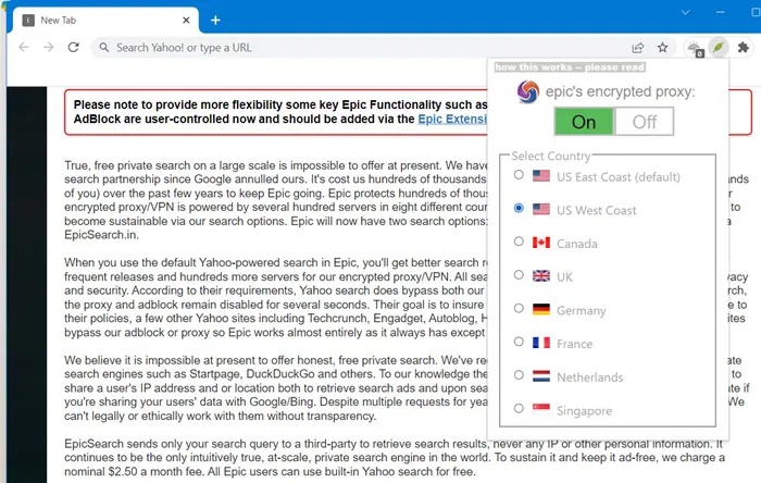 Kích hoạt một trong các proxy được mã hóa cho Epic, một trình duyệt tập trung vào quyền riêng tư.