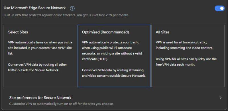 Thay đổi cài đặt cho Microsoft Edge Secure Network VPN