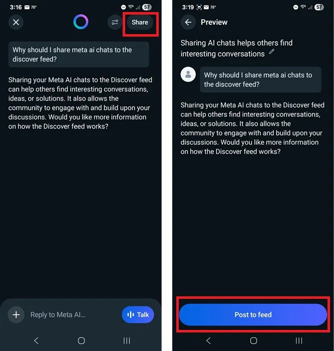 Hiển thị các tùy chọn chia sẻ và đăng trong ứng dụng Meta AI.