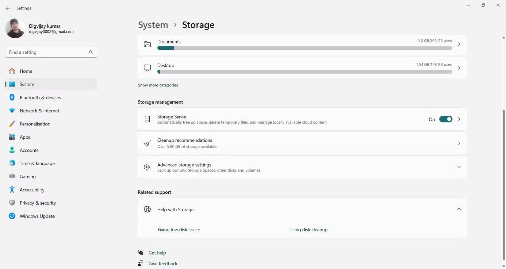 Bật Storage Sense trong Windows 11
