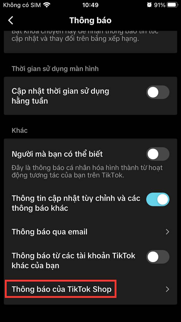 Thông báo của TikTok Shop