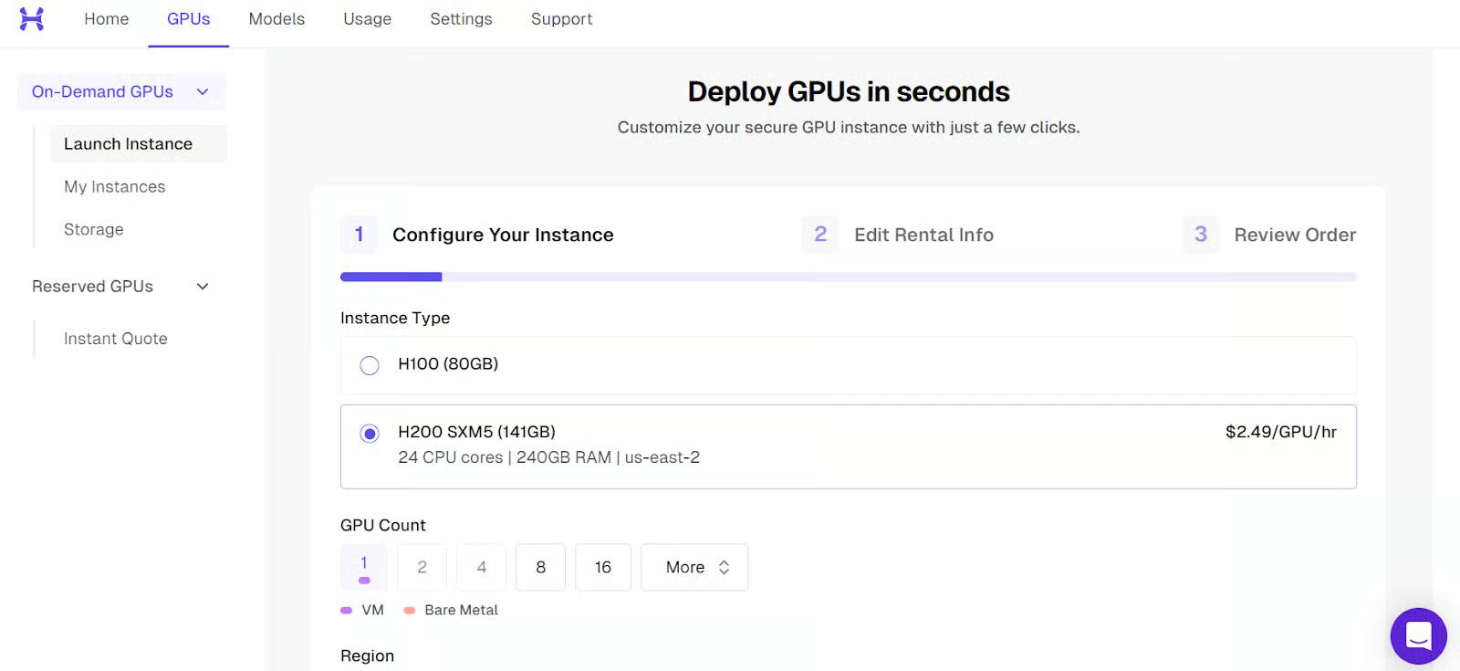 Khởi động phiên bản máy ảo GPU Hyperbolic H200
