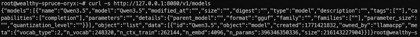 Mô hình Qwen 3.5 có sẵn tại cổng 8080 trên máy chủ llama.cpp