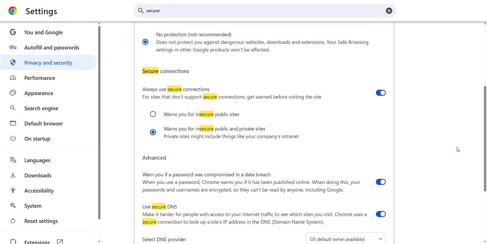 Tùy chọn "Always Use Secure Connections" trong Chrome