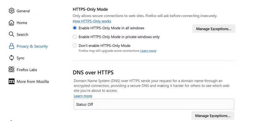 Bật chế độ chỉ HTTPS trong Firefox.