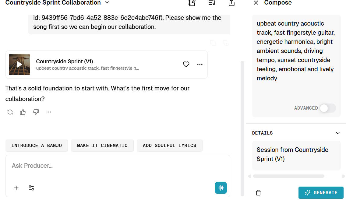 Thay đổi lệnh tạo nhạc Google Producer AI