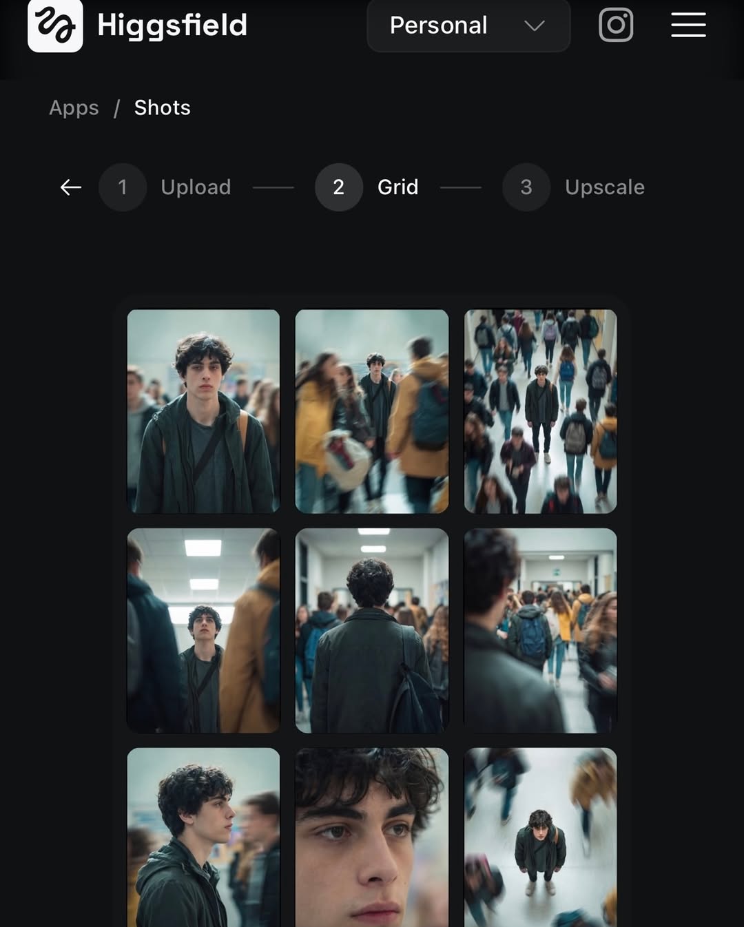 Giao diện người dùng AI của Higgsfield hiển thị logic 3 bước: Upload, Grid và Upscale