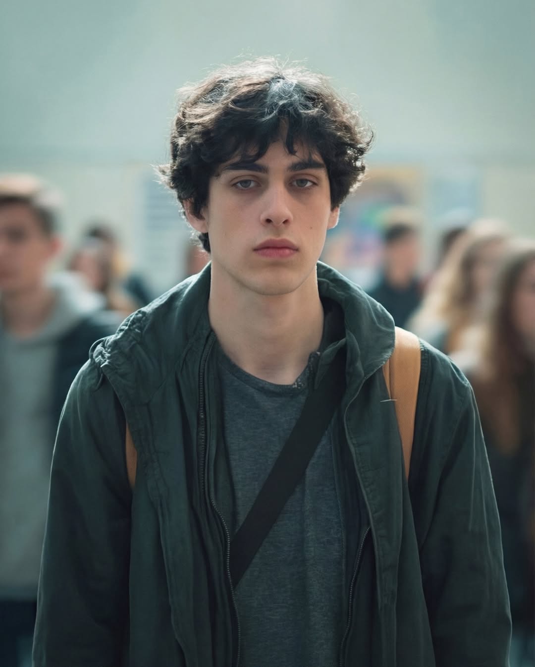 Chân dung cận cảnh một thiếu niên mặc áo hoodie màu xanh lá cây