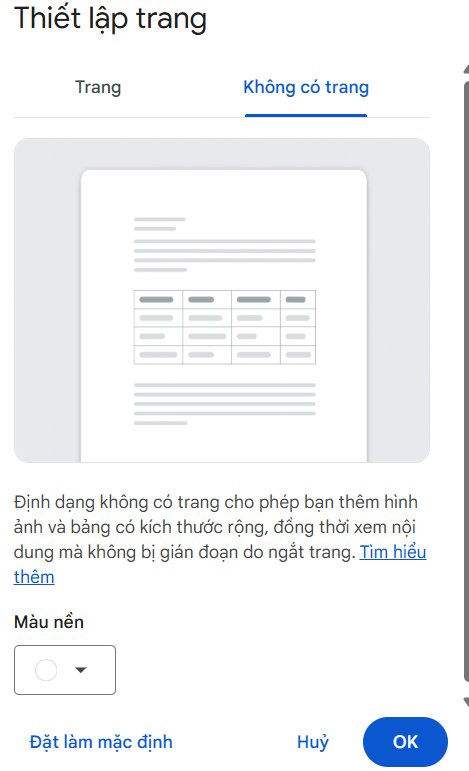 Thiết lập Không có trang trên Docs