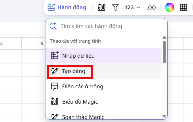 Tạo bảng bằng Magic Write Canva Sheets