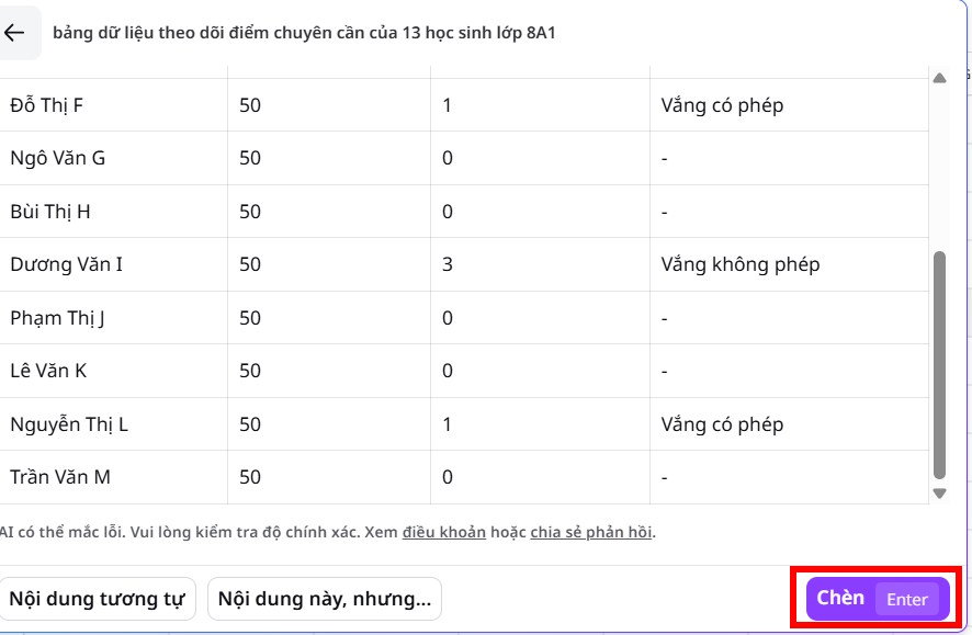 Chèn bảng tạo bằng AI vào Canva Sheets
