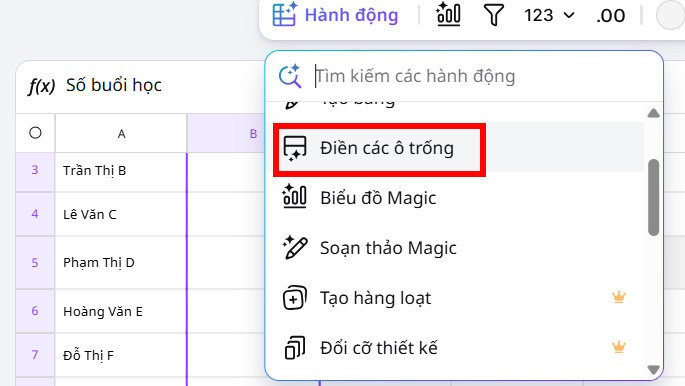Điền nội dung vào ô vào Canva Sheets