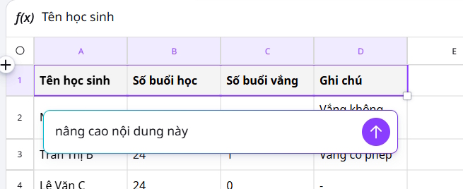 Nhập lệnh nâng cao nội dung trên Canva Sheets