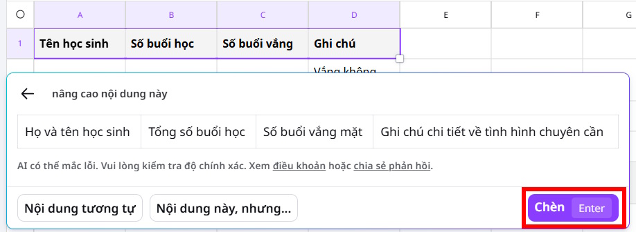 Bảng dữ liệu trên Canva Sheets