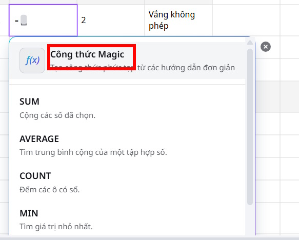 Nhập công thức bằng AI Canva Sheets