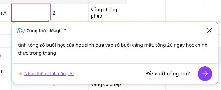 Đề xuất công thức bằng AI Canva Sheets