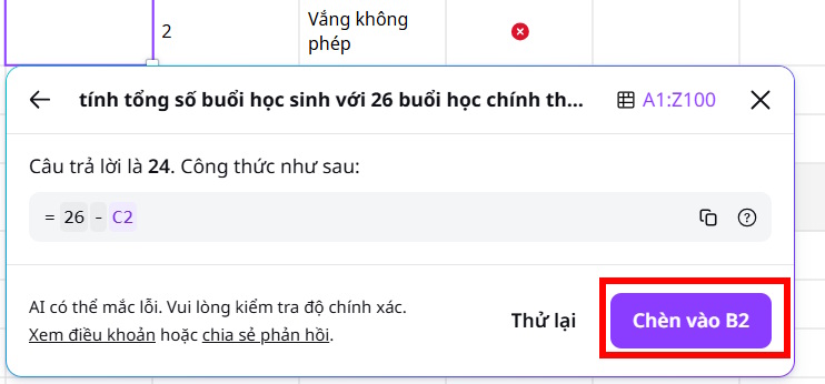 Hiện công thức bằng AI Canva Sheets