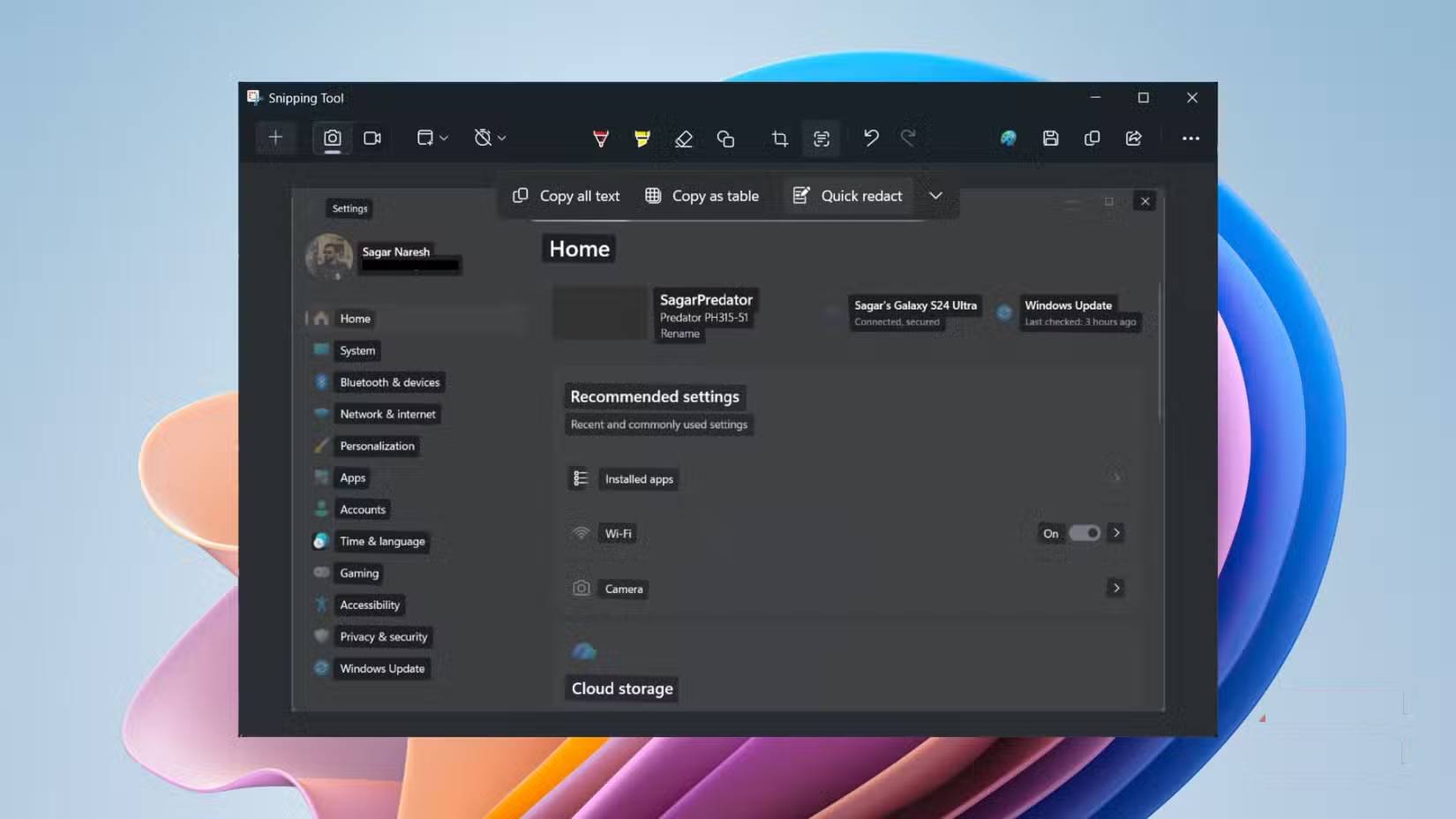 Menu Text Actions của Snipping Tool với tính năng Quick Redact giúp ẩn thông tin cá nhân nhạy cảm trong ứng dụng Windows Settings