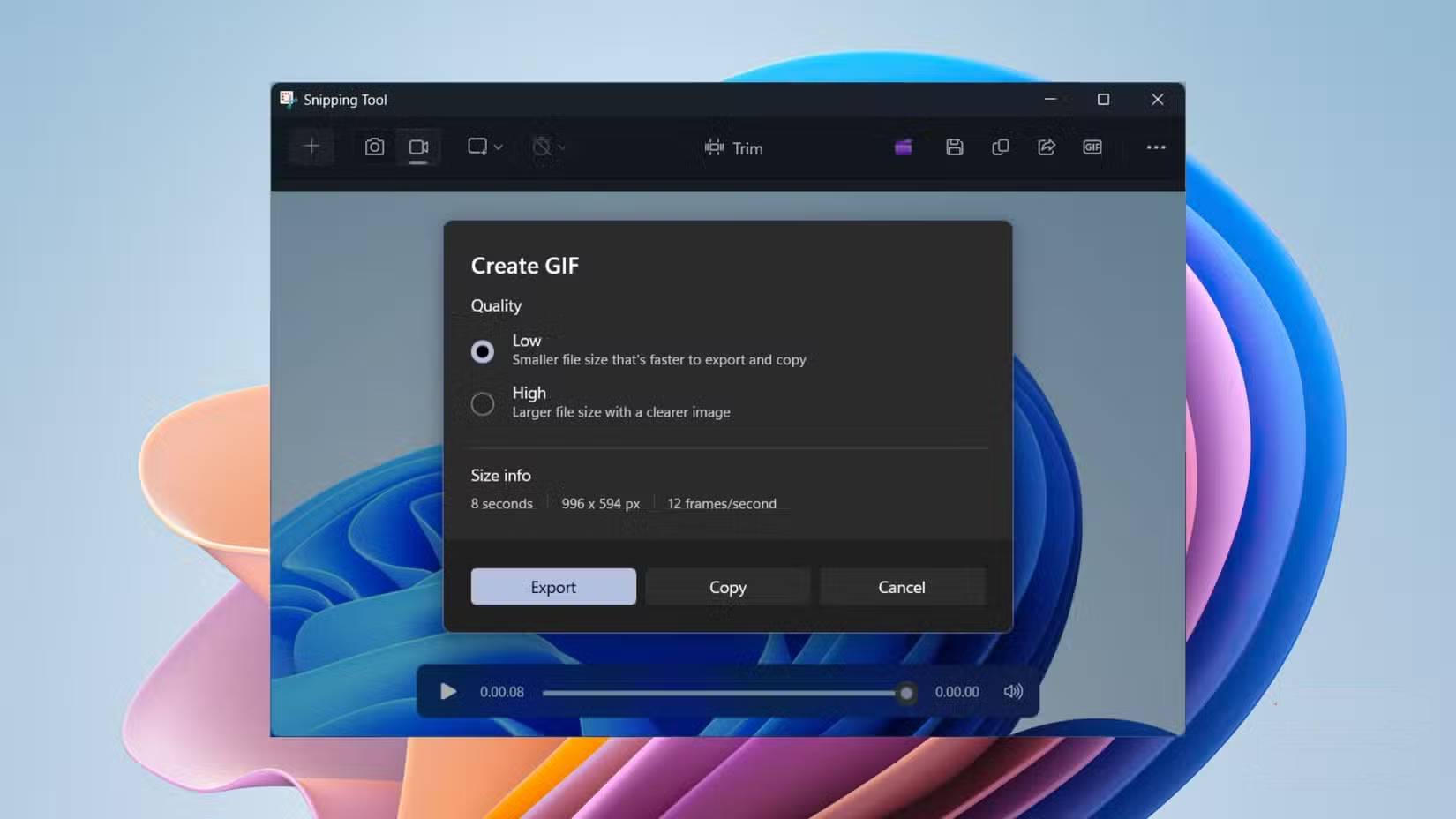 Menu cài đặt xuất GIF của Snipping Tool hiển thị các tùy chọn chuyển đổi video chất lượng thấp và cao