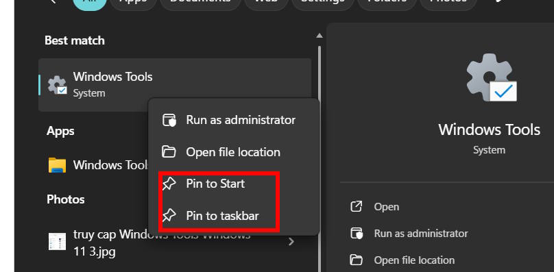 Ghim các công cụ của Windows Tools vào Taskbar