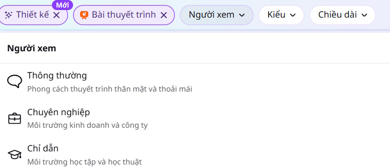 Đối tượng thuyết trình trong Canva AI