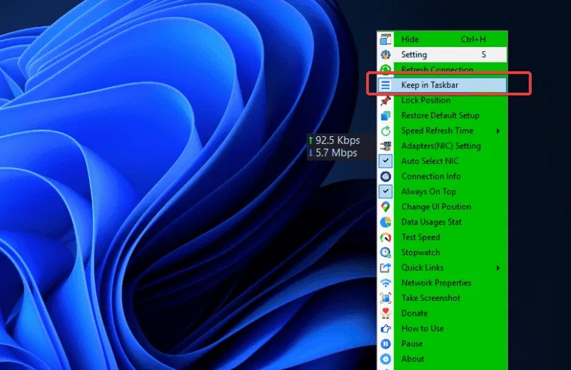 Giữ Net Speed Meter trong Taskbar