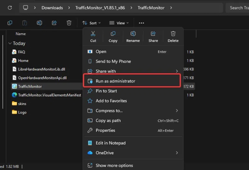 Chạy TrafficMonitor với quyền admin