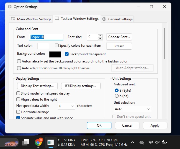 Tùy chỉnh chế độ xem Taskbar trong tùy chọn cài đặt TrafficMonitor