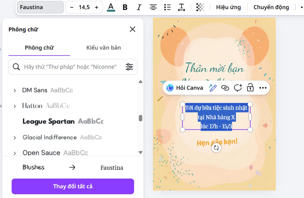 Thay đổi lại nội dung trong thiệp tạo bằng Canva AI
