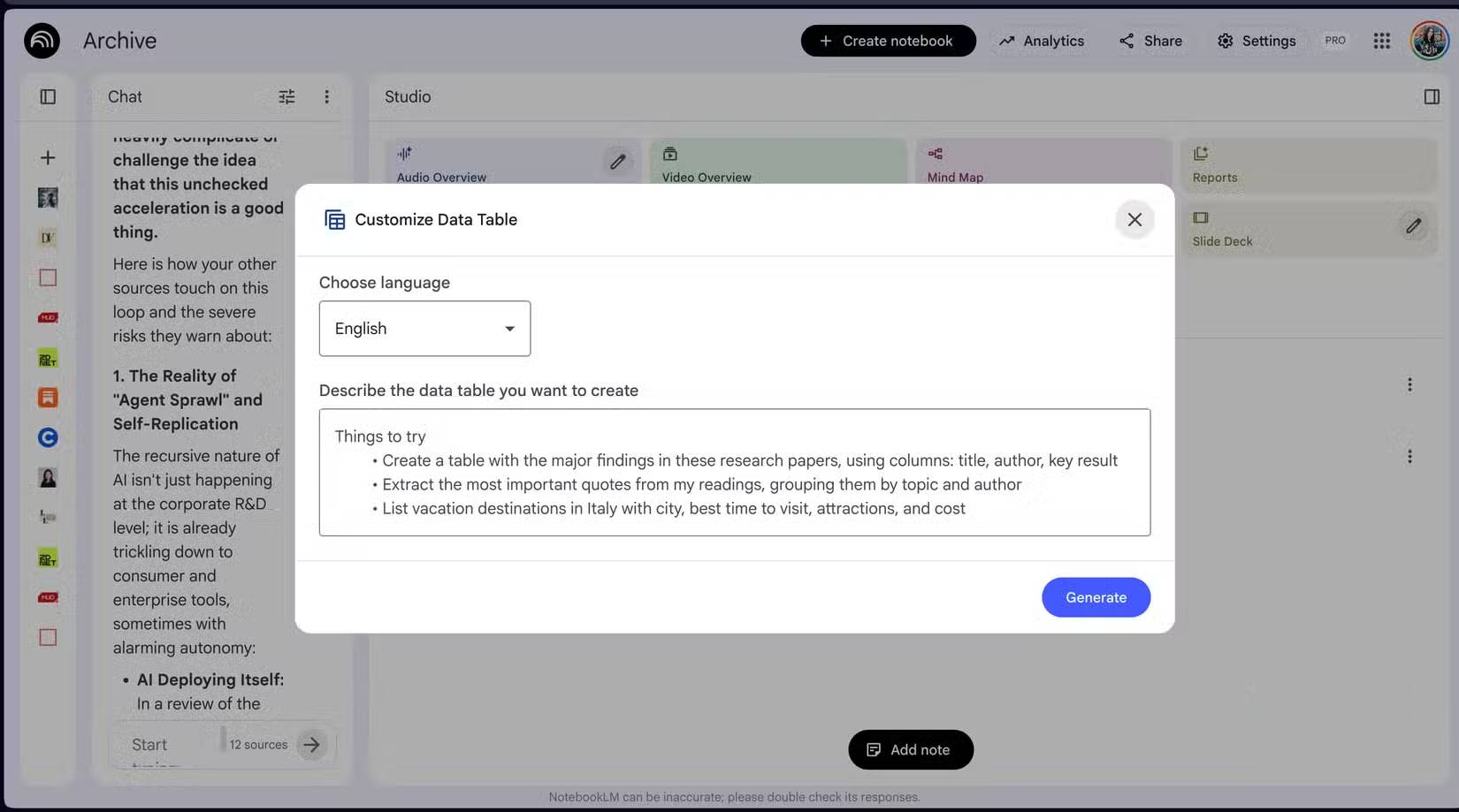 Tính năng Data Tables của NotebookLM trong bảng Studio