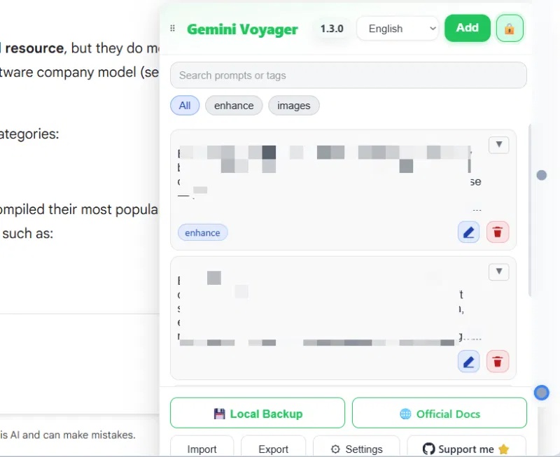 Giao diện Prompt Manager trong Gemini Voyager