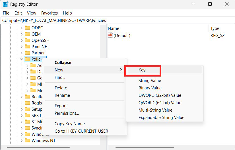 Tạo khóa mới trong Registry Editor