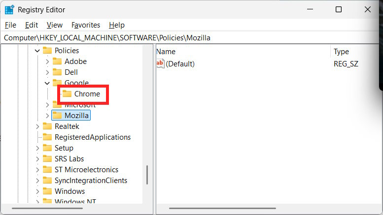 Khóa Chrome trong Registry Editor
