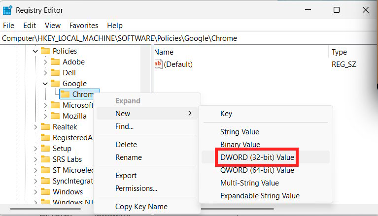Tạo giá trị mới cho khóa Chrome trong Registry Editor