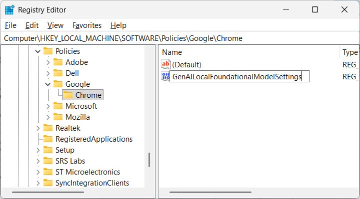 GenAILocalFoundationalModelSettings trong Registry Editor