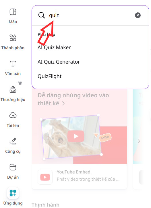 Tìm ứng dụng quiz trên Canva