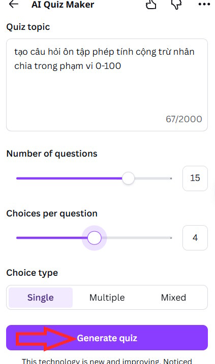 Lệnh tạo câu hỏi trắc nghiệm AI Quiz Maker trên Canva