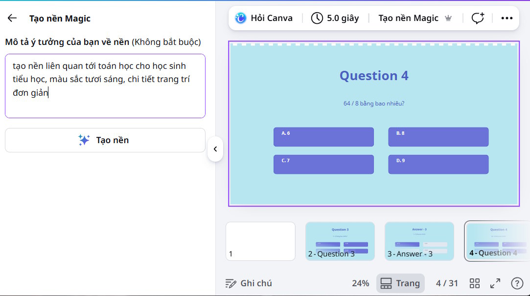 Chỉnh sửa slide câu hỏi tạo bằng AI Quiz Maker trên Canva