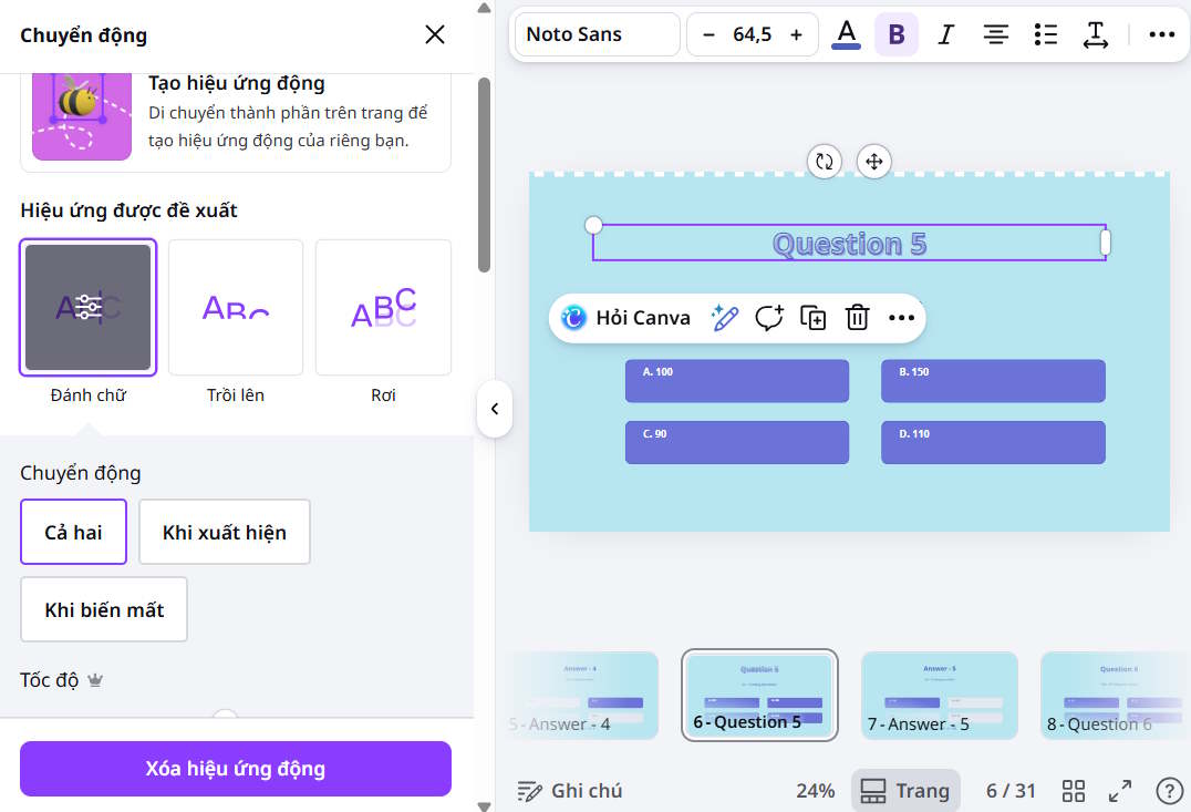 Thêm hiệu ứng slide trên Canva