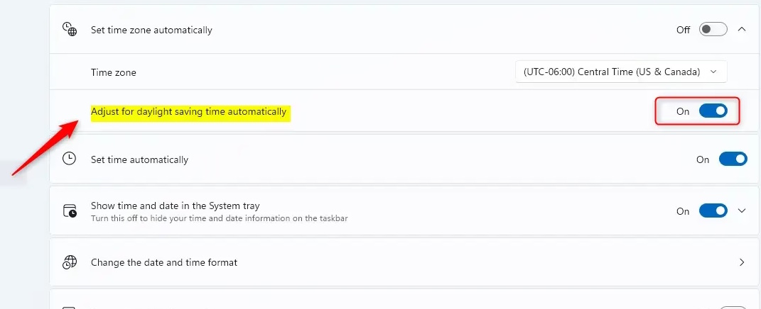 Tùy chỉnh giờ mùa hè tự động Windows 11