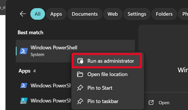 Khởi chạy PowerShell quyền Admin 