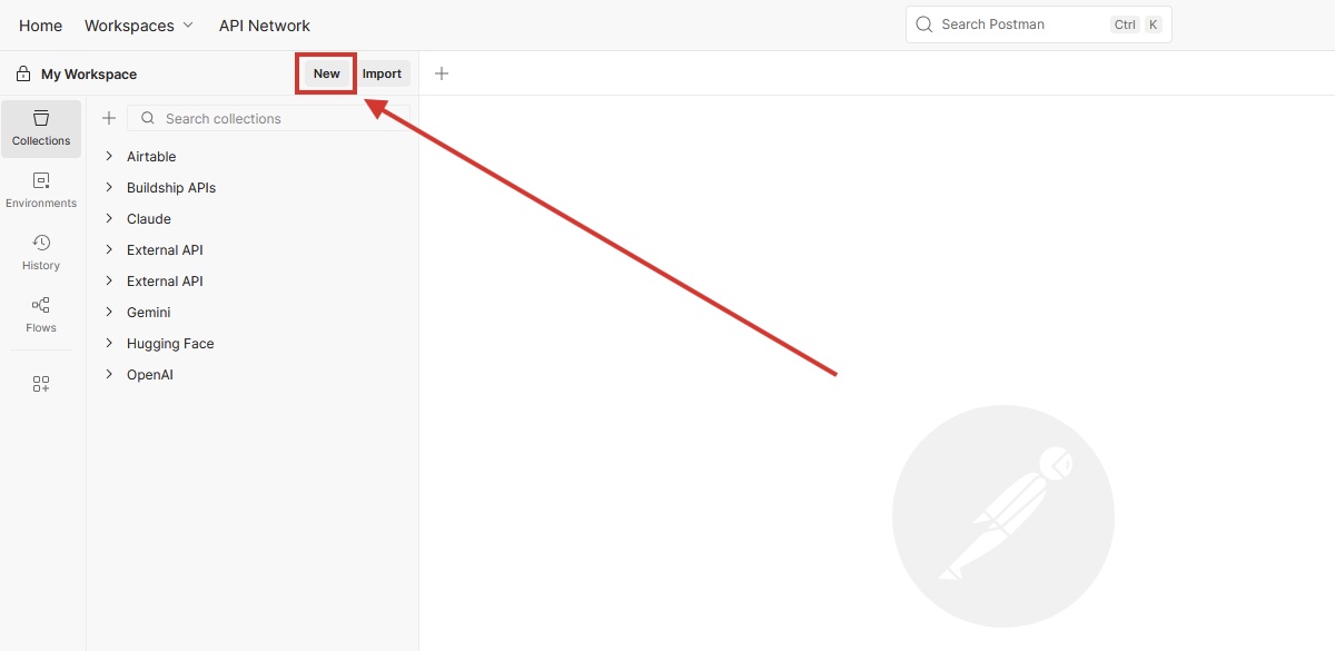 Nhấp vào New trong Postman