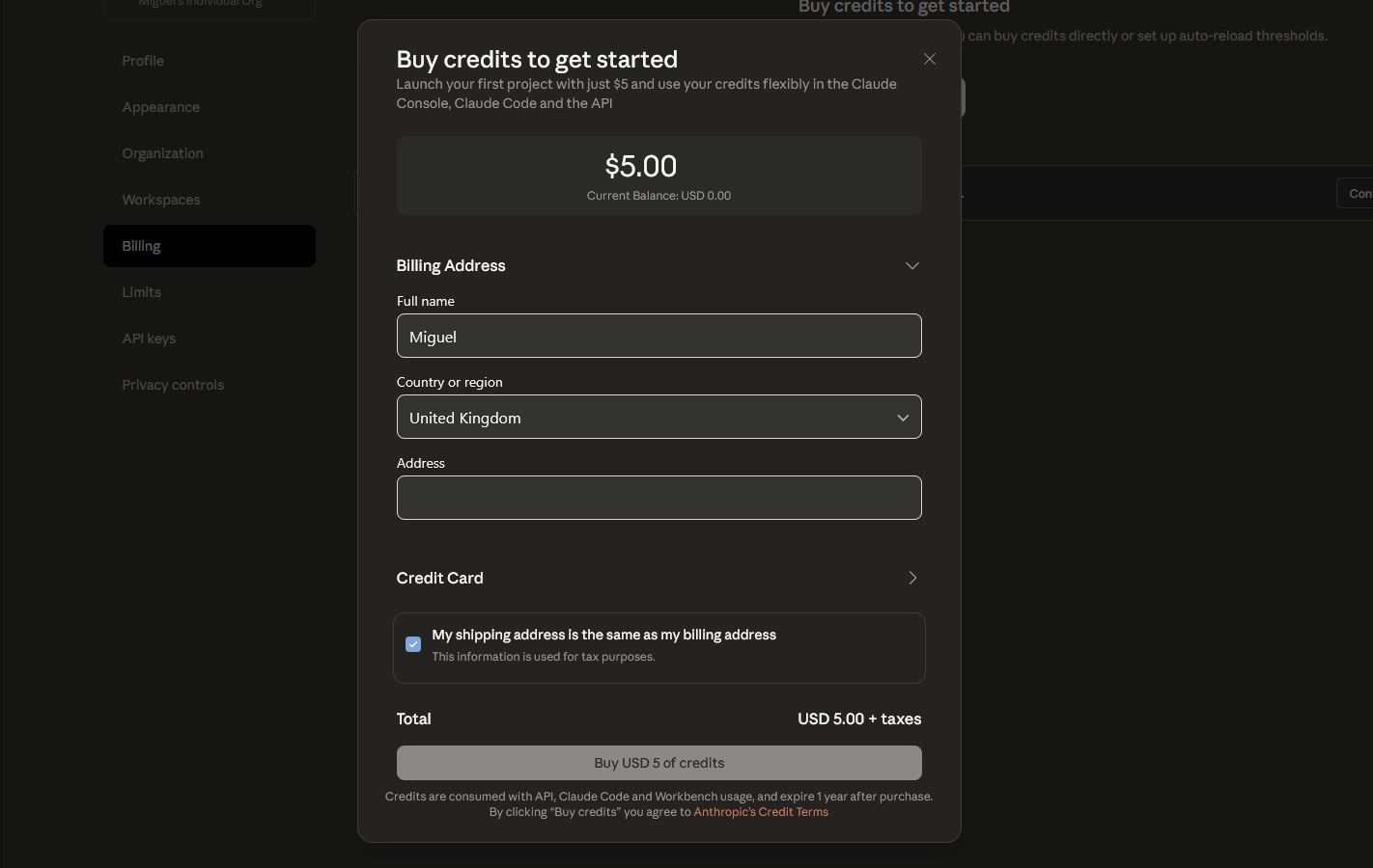 Mua credit trị giá 5 USD trong Claude