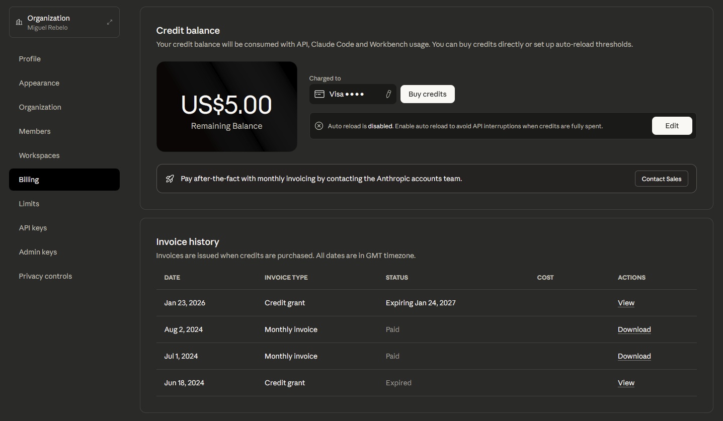 Tab Billing trong menu cài đặt Claude API