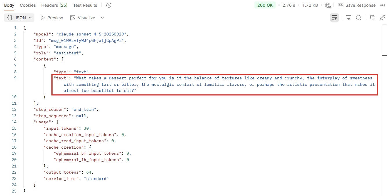 Thông báo thành công và đầu ra từ Claude API trong Postman