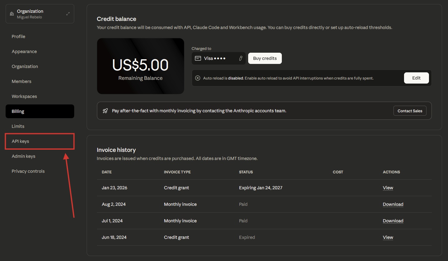 Tùy chọn API keys trong menu Claude API